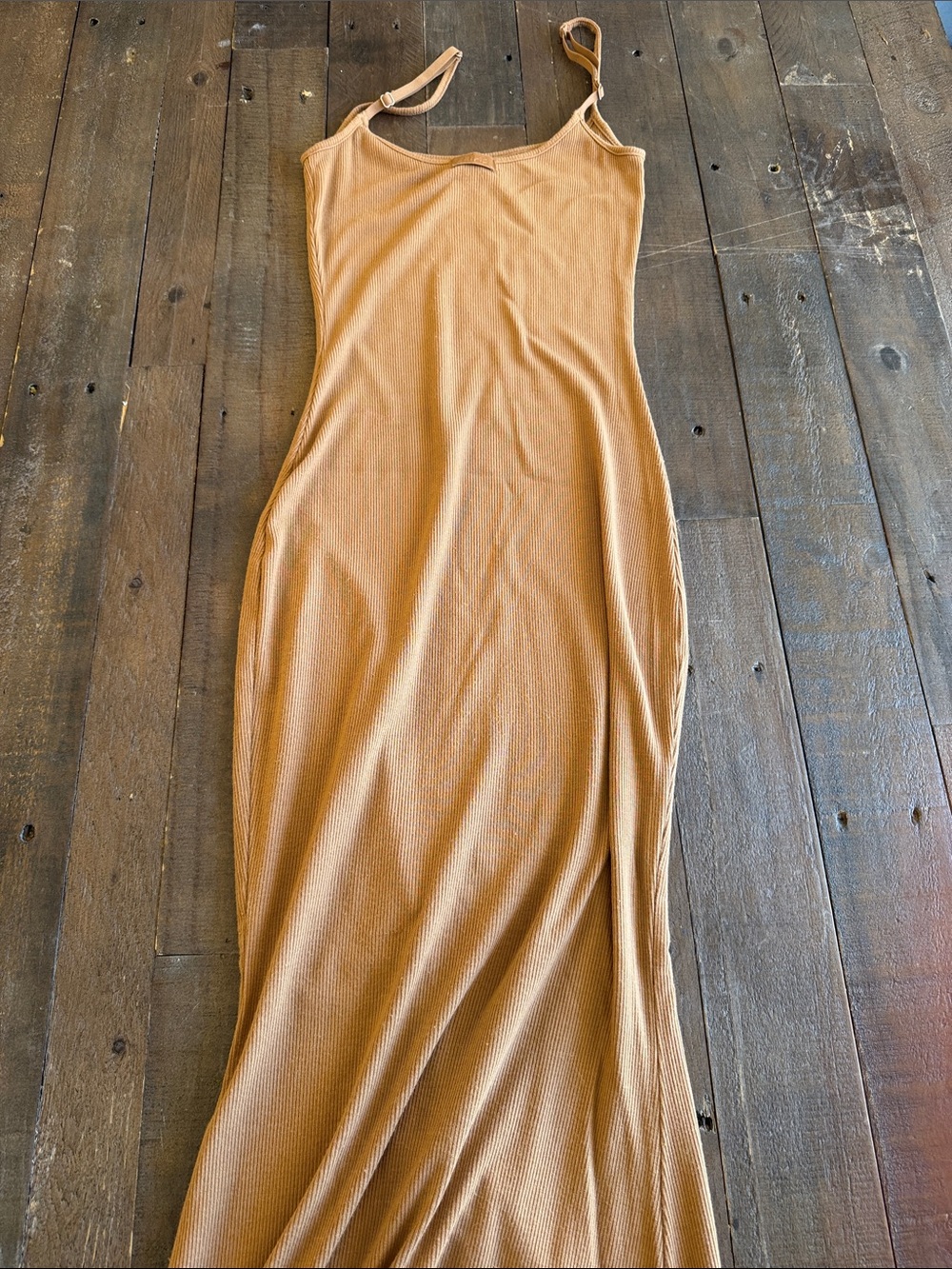 SKIMS Ribbed Long Soft Lounge Slip Dress Ribbed Stretch Tan Camel - Picture 8 of 9